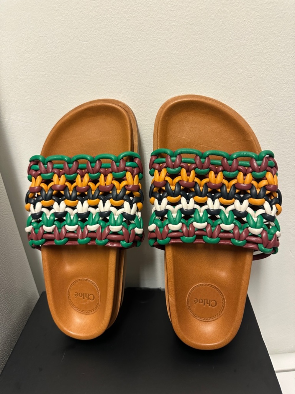 Chloé Wavy Flatform Crochet Leather Tan Slides with Multicolor Braided Straps - Picture 3 of 15